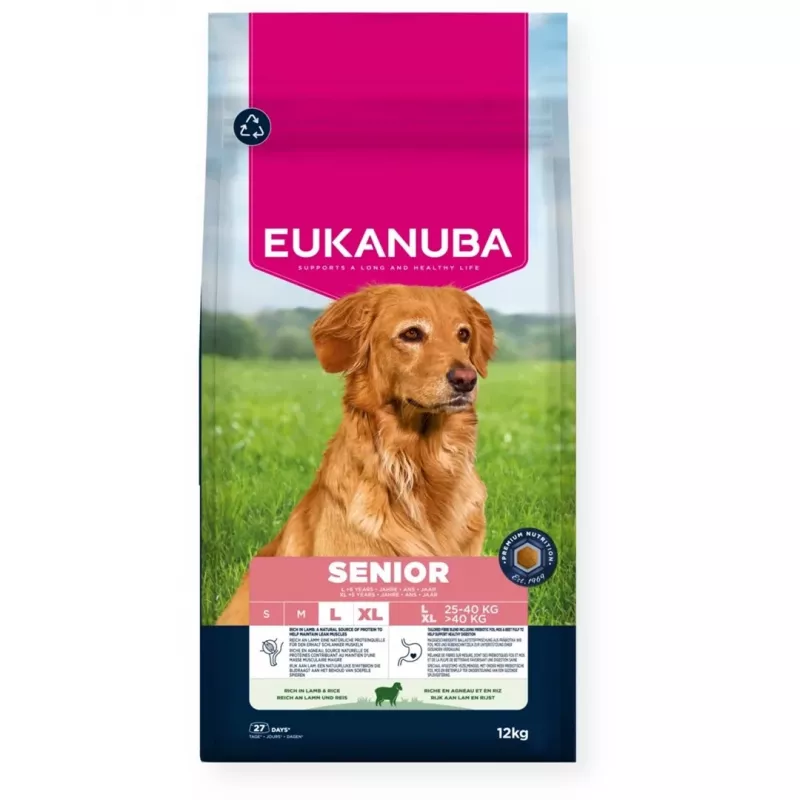 Sausas šunų maistas EUKANUBA Senior Large Lamb and Rice 12 kg — dideliems vyresniems šunims, 24% baltymų, 12% riebalų