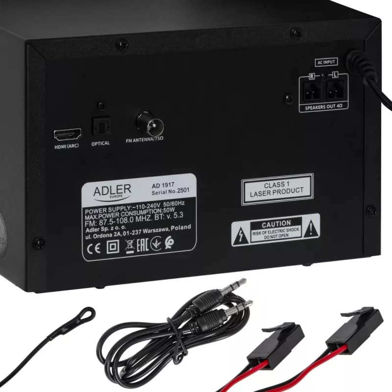 Mini Hi-Fi stereosistema Adler AD 1917 — Bluetooth V5.3, CD/USB/MP3, 2×25W RMS, FM imtuvas, 4 juostų ekvalaizeris, AUX, juoda