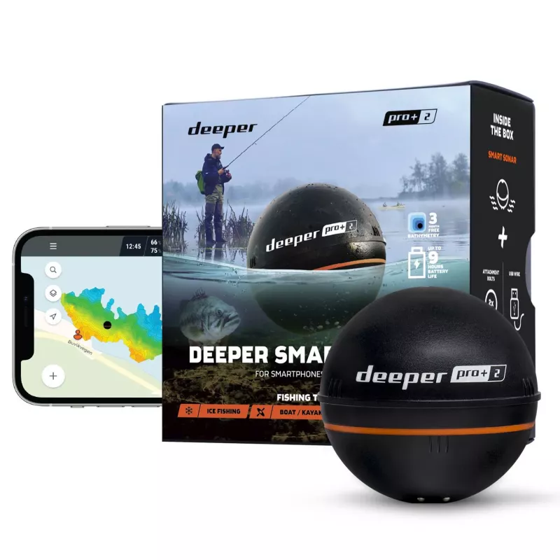 Nešiojamasis žuvų ieškiklis Deeper Smart Sonar PRO+ 2, sonaras 675 kHz, 100 m veikimo nuotolis, 65×65×65 mm, Li‑Ion 950 mAh
