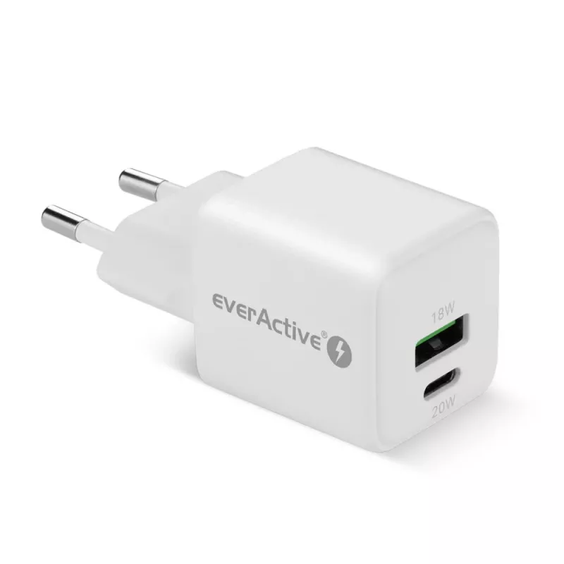 Sieninis įkroviklis everActive SC-330Q su 1x USB-A ir 1x USB-C prievadais, 20 W, baltas