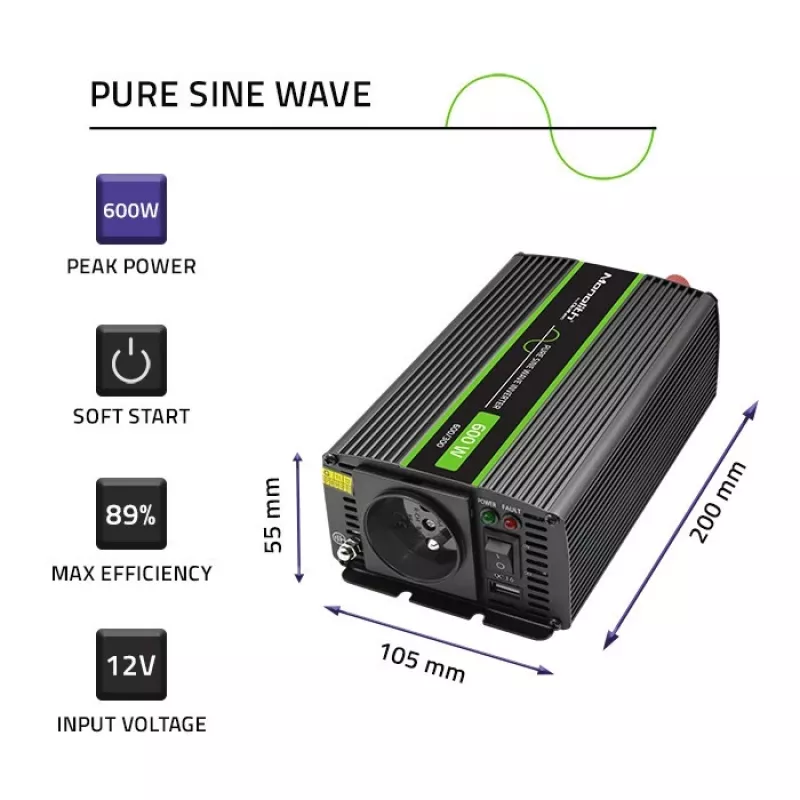 Qoltec Monolith maitinimo adapteris inverteris Auto 600 W 12 V