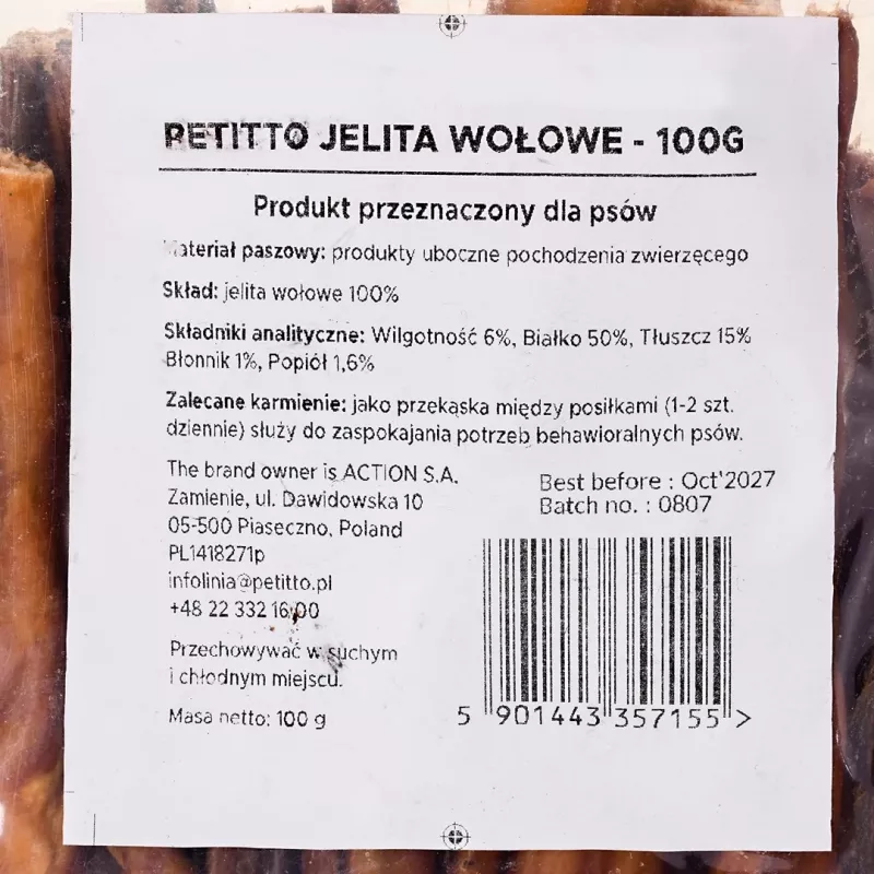 Šunų kramtukas PETITTO jautienos žarnų skanėstas 100 g — vienos sudedamosios dalies natūralus kramtukas šunims