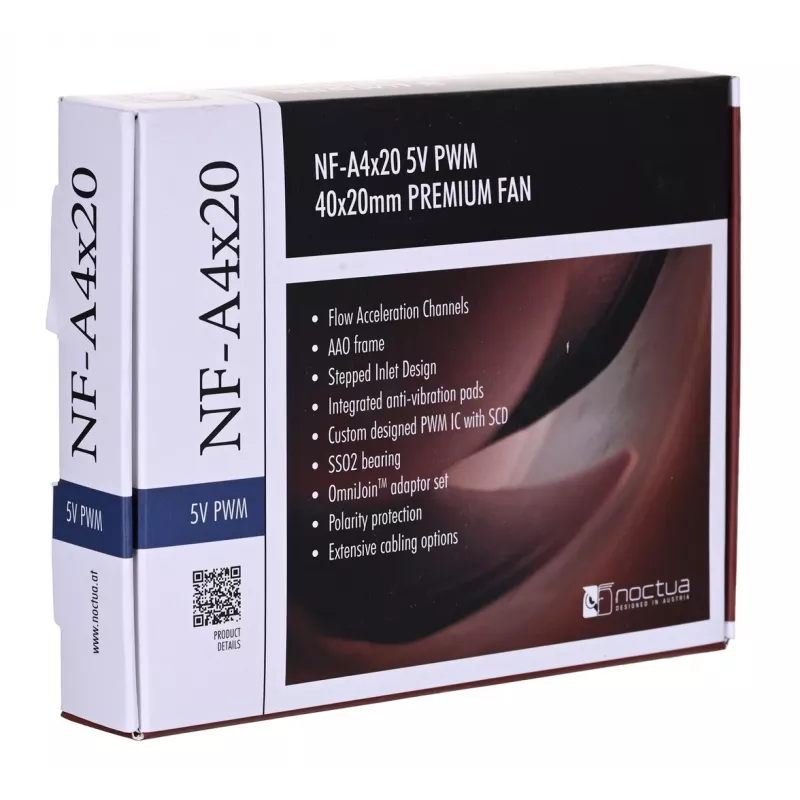 Noctua ventiliatorius NF-A4X20 5V PWM — 40×20 mm, 5 V, 4-pin PWM, 1100–5000 RPM, 9.4 m³/h