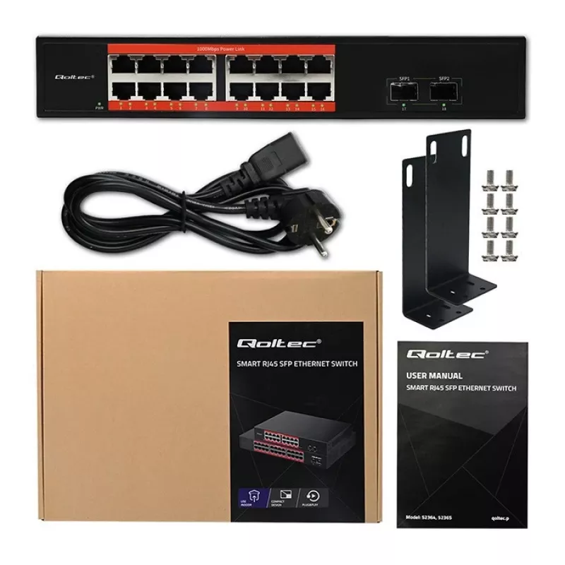 Tinklo komutatorius QOLTEC 52364 — Gigabit Ethernet PoE 16xRJ45, 2xSFP