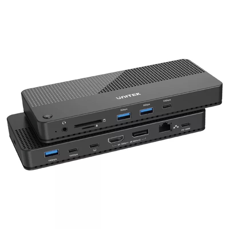 Dokingo stotelės UNITEK D1079A USB4 laidinė juoda 100W maitinimo tiekimas