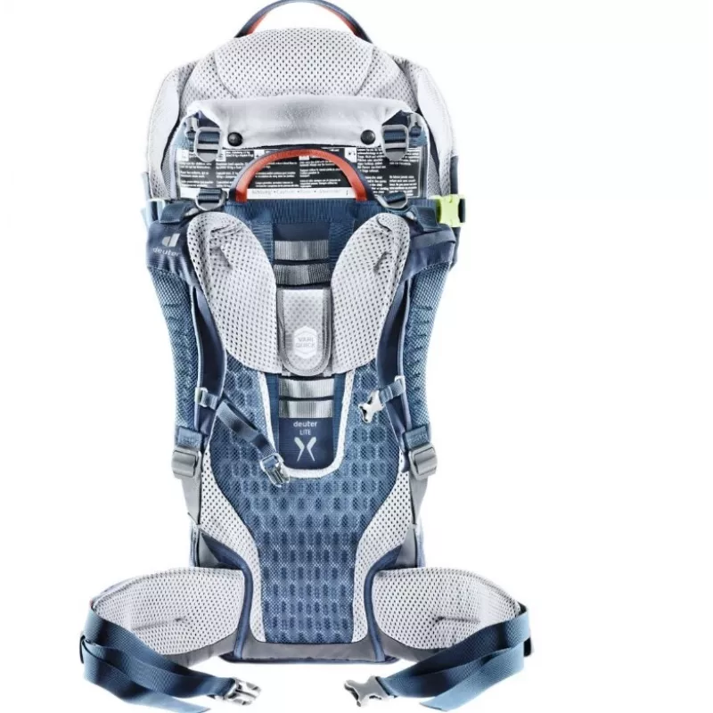 Vaikiška nešynė kuprinė DEUTER Kid Comfort Active — mėlyna, poliamidas, iki 22 kg, skėtis nuo saulės, kojų atrama, VariQuick, Lite Air