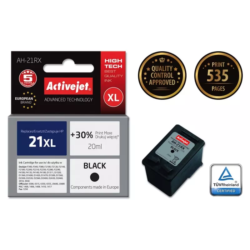 Activejet AH-21RX rašalas (pakaitalas HP 21XL C9351A; Premium; 20 ml; juodas)