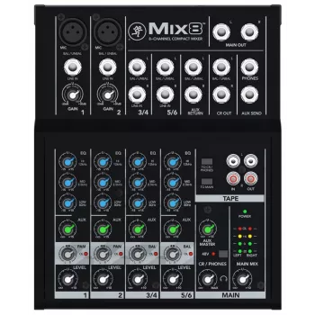 Maišytuvas Mackie Mix8 — 8 kanalų kompaktiškas analoginis maišytuvas, 20–30000 Hz, 3800 Ω mikrofono įvestis, 198×244×53 mm