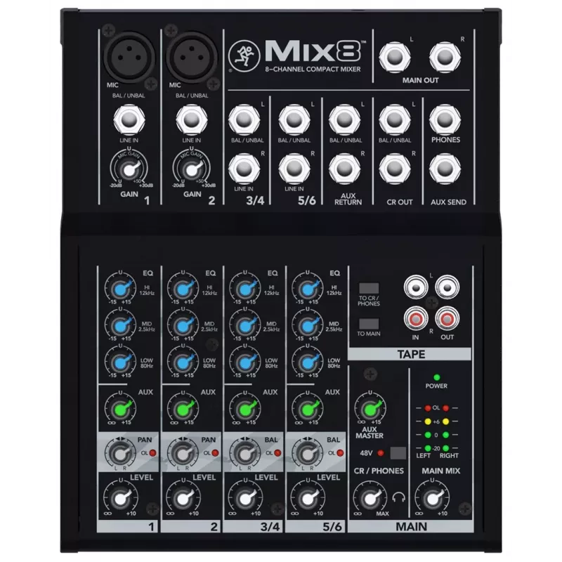 Maišytuvas Mackie Mix8 — 8 kanalų kompaktiškas analoginis maišytuvas, 20–30000 Hz, 3800 Ω mikrofono įvestis, 198×244×53 mm