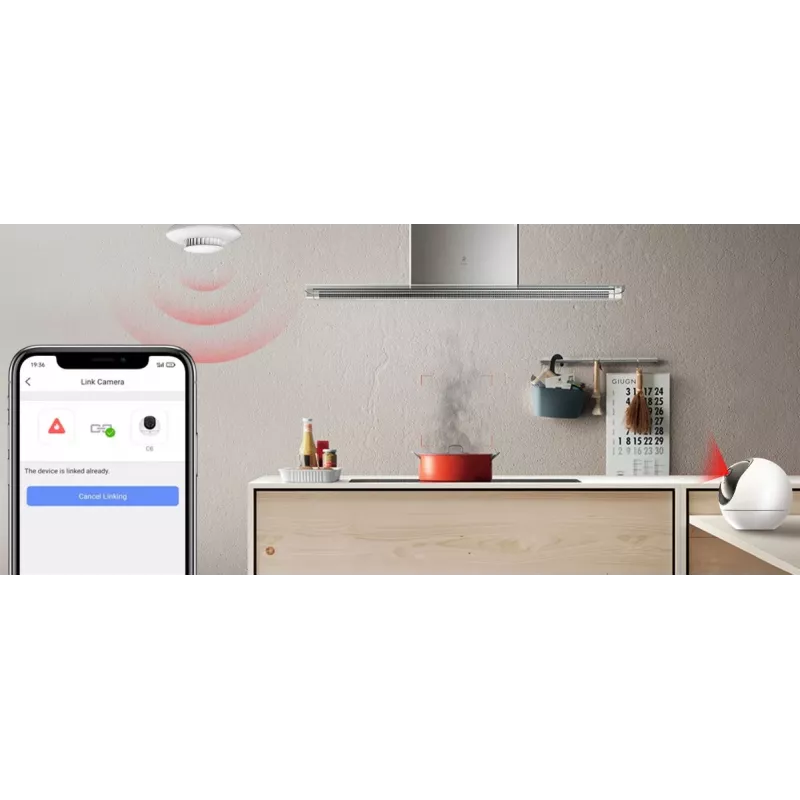 Dūmų detektorius EZVIZ CS-T4C — belaidis ZigBee, 3V ličio baterija, 87×35×87 mm, 85 dB, paviršinis montavimas, baltas