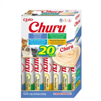 Šlapi kačių skanėstai INABA Churu Variety Box — Tunas, 20 x 14 g paketėliai, pasta, drėgnis 88%, baltymai 8,5%