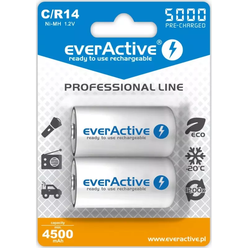 Įkraunama NiMH cilindrinė baterija everActive EVHRL14-5000, 1,2 V, 2 vnt., 51,5 mm aukštis