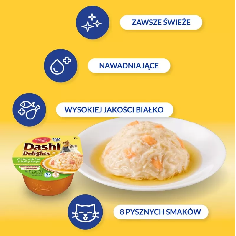 Kačių skanėstas INABA Dashi Delights vištienos, tuno ir šukučių sultinyje 70 g — šlapias kačių skanėstas, 88 % drėgmės, 11 % baltymų