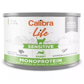 Šlapias kačių maistas Calibra Cat Life Sensitive Rabbit 200 g skardinė, suaugusioms katėms, visavertis pašaras, be glitimo, be cukraus