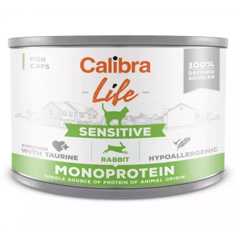 Šlapias kačių maistas Calibra Cat Life Sensitive Rabbit 200 g skardinė, suaugusioms katėms, visavertis pašaras, be glitimo, be cukraus