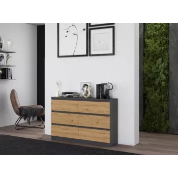 Komoda top e shop M6 120 — antracito/ąžuolo, 6 stalčiai, 1200×300×770 mm, medžio drožlių plokštė