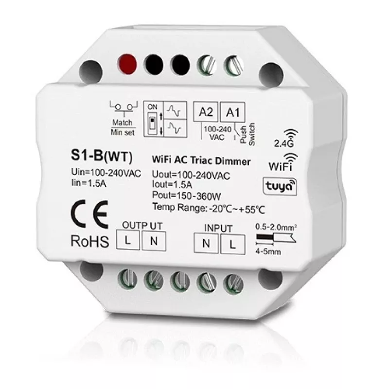 S1-B(WT) Vieno kanalo 230V valdiklis, TRIAC, Push-Dimm, Tuya, Wi-Fi