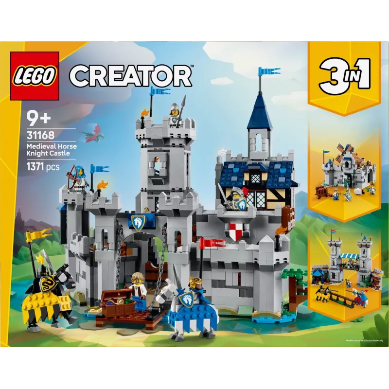 Konstruktorius LEGO Creator 3-in-1 viduramžių riterio pilies rinkinys 31168 — 1371 dalis, 6 mini figūrėlės, amžius 9+