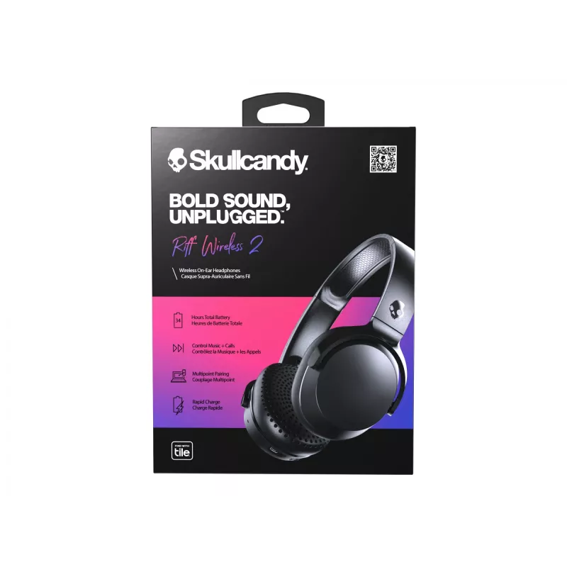 Skullcandy Riff Wireless 2 ausinės, uždedamos ant ausų, įmontuotas mikrofonas, 3,5 mm, USB, juodos, belaidis ryšys