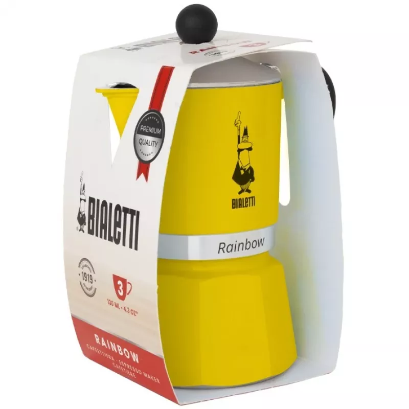 Moka puodynė Bialetti Rainbow Juoda/Geltona — aliuminė viryklės espreso kavinukė, 1 vnt.