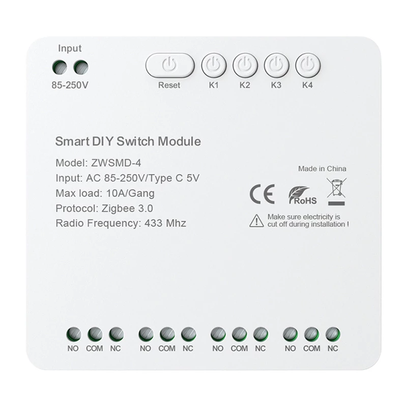 ZigBee 4 kanalų perjungimo modulis su potencialiai laisvu DC 32V kontaktu Avatto ZWSMMD-4-250V
