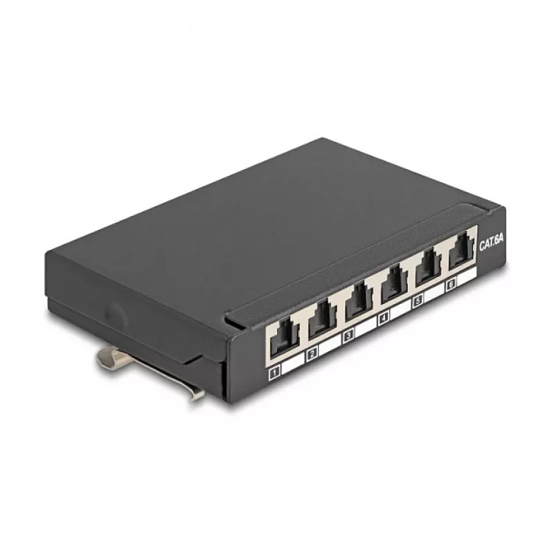 DELOCK Mini Desktop RJ45 6 prievadų Cat.6A ekranuotas skydelis, metalinis, juodas, 80×22×125 mm