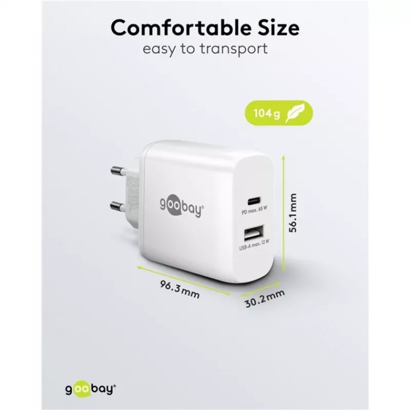 USB-C dviejų greitų įkroviklių, PD, GaN, 65 vatų (baltas, 1x USB-C, 1x USB-A, maitinimo tiekimas)