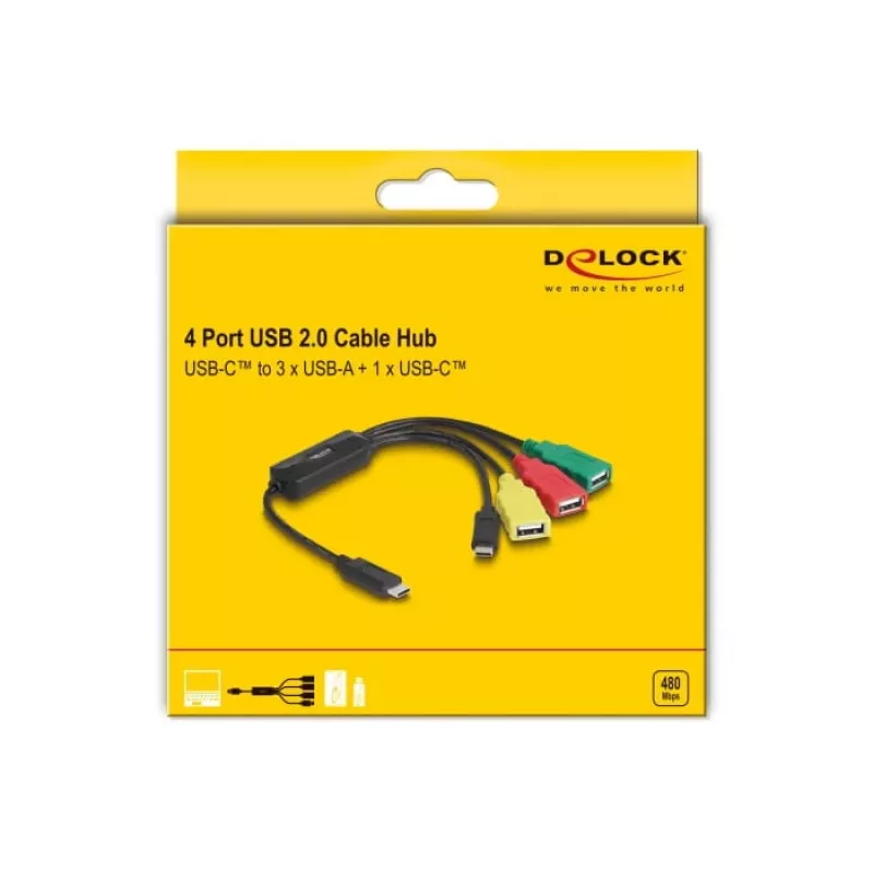 DeLOCK 4 prievadų USB 2.0 kabelinis šakotuvas USB Type-C į 3 x USB-A lizdus + 1 x USB-C kištukas