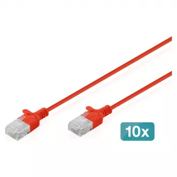 komutacinis kabelis DIGITUS CAT6 U-UTP plonas, 3 m, raudonas, pakuotėje 10 vnt.