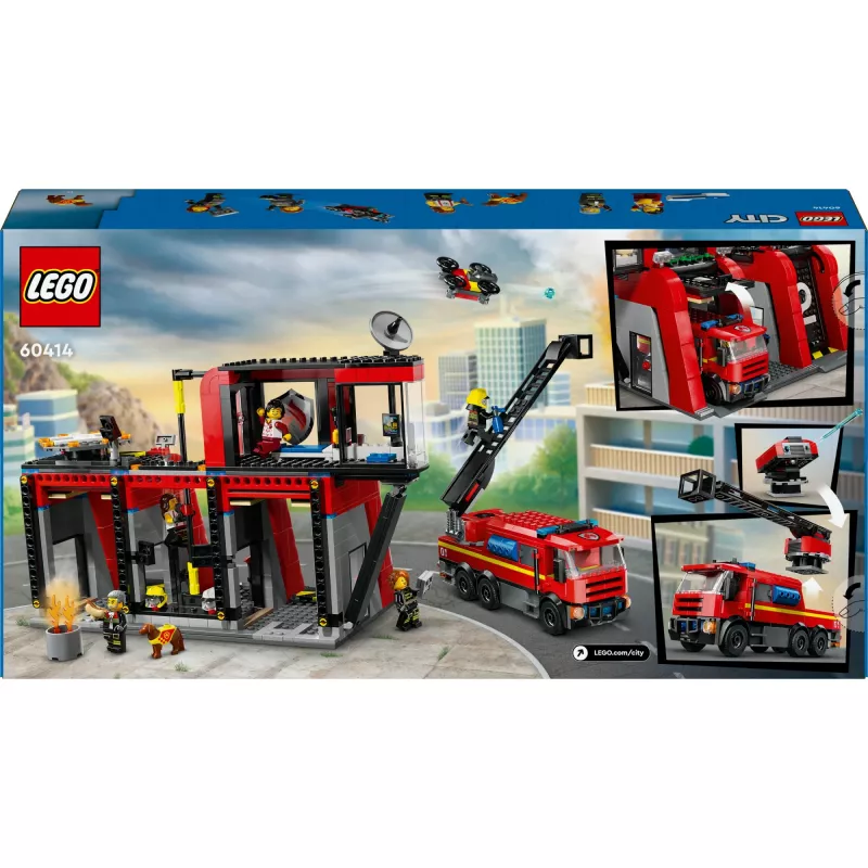 Konstruktorius LEGO City gaisrinė su sukiojamų kopėčių automobiliu 60414 — 843 detalės, 5 minifigūrėlės, 220×320×140 mm