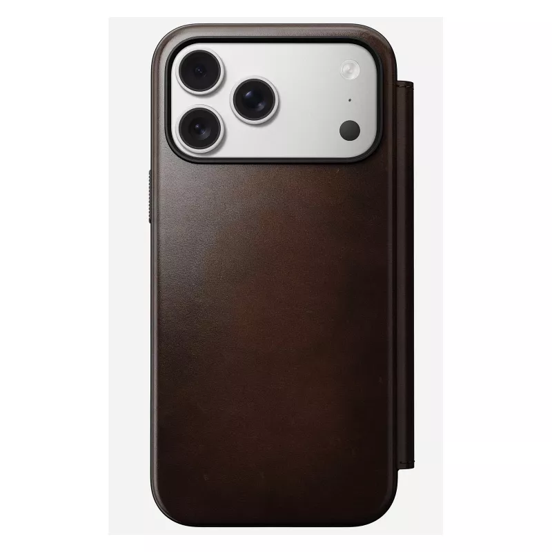 Nomad Modern Leather Folio mobiliojo telefono dėklas iPhone 17 Pro Max — ruda, oda, 6,3 colio ekranas, 4 kortelių kišenės
