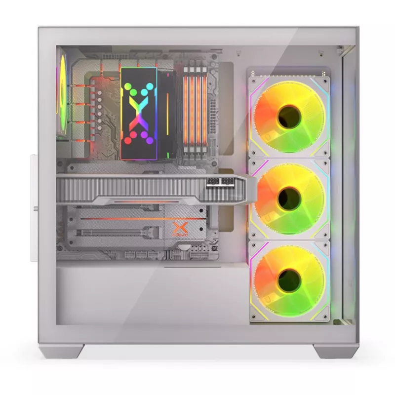 PC korpusas KRUX Exo RGB White — ATX bokštas, plieninis, 2×3,5 colio + 2×2,5 colio nišos, USB-C, RGB