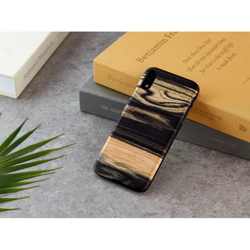 man and wood telefono dėklas, skirtas iPhone XR — baltos juodmedžio medinės nugarėlės, apsauginis apvalkalas