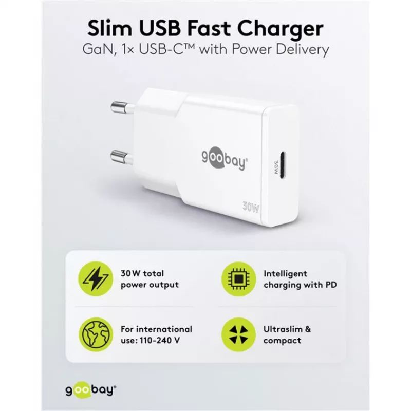 USB-C PD GaN greitas įkroviklis plonas (30 W) (balta)