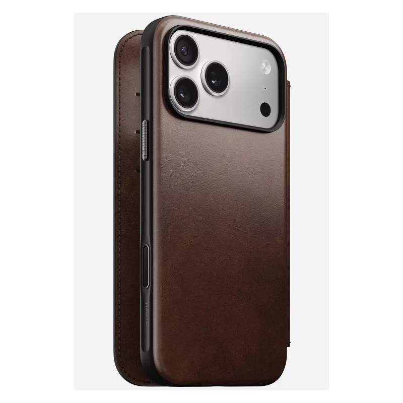 Nomad Modern Leather Folio mobiliojo telefono dėklas iPhone 17 Pro Max — ruda, oda, 6,3 colio ekranas, 4 kortelių kišenės