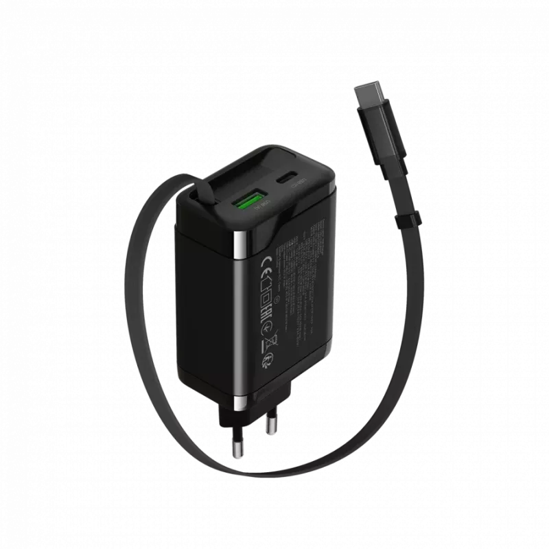 Įkroviklis CANYON OnCharge 65RC su integruotu USB-C laidu, 65W, 1x PD, 1x QC, ES kištukas, juodas