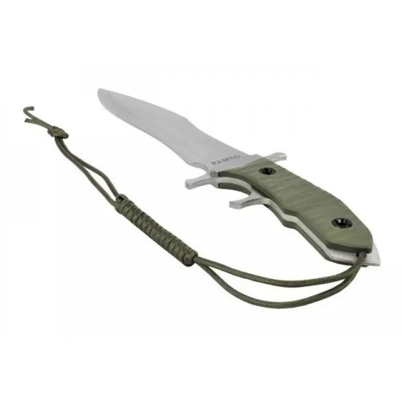 Stacionarus peilis cinema classic CC-H5 Rambo V — Išgyvenimo peilis, plieninė geležtė 230 mm, bendras ilgis 385 mm, žalia polimerinė rankena, odinės makštys