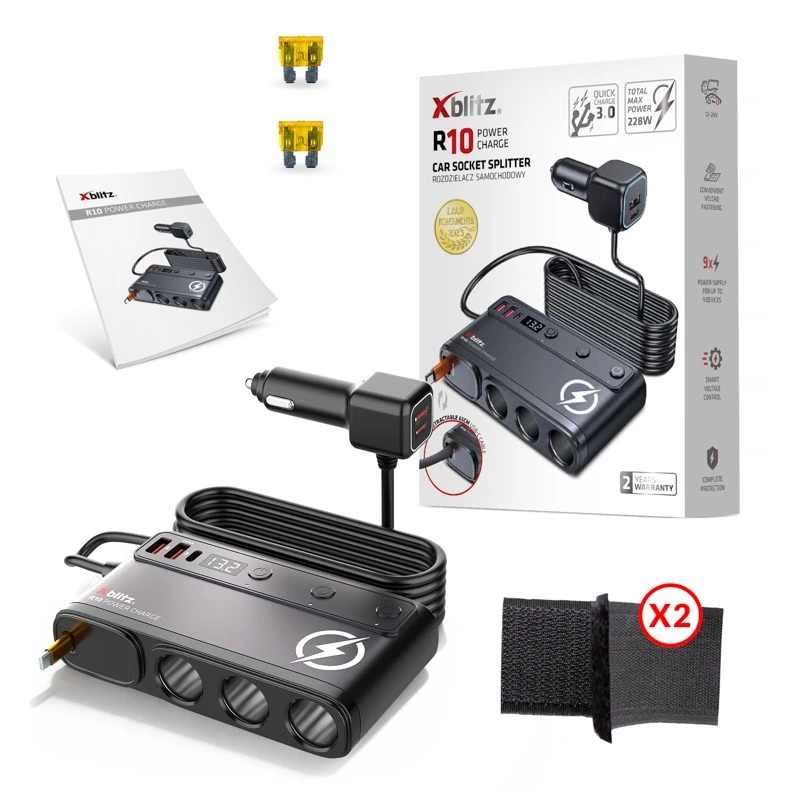 Maitinimo adapteris Xblitz R10 POWER CHARGE su 2× USB-C, 2× USB-A ir 3× USB 3.0 Type-A, 1 m laidas, juodas