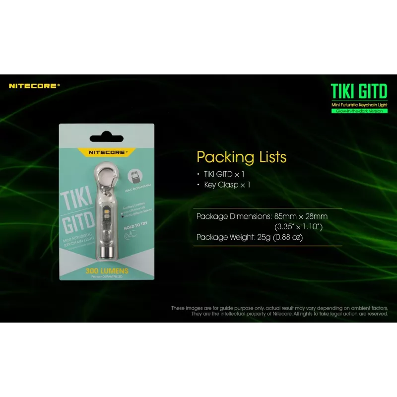 Raktų pakabuko žibintuvėlis Nitecore TIKI GITD pilkas — USB įkraunamas, 1 lm, 55 mm, 12 g, IP66