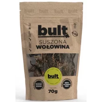 Šunų skanėstas BULT Eko Džiovinta jautiena 70 g — vieno ingrediento dehidratuotas jautienos užkandis šunims, baltymų 67,2%, riebalų 15,7%