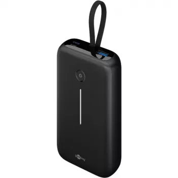 Powerbank 20.000 mAh, integruotas USB-C laidas 13cm, 30 W (juoda, 20 Ah, 1x USB-A, 2x USB-C, PD, QC)