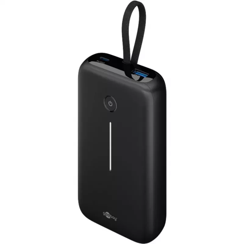 Powerbank 20.000 mAh, integruotas USB-C laidas 13cm, 30 W (juoda, 20 Ah, 1x USB-A, 2x USB-C, PD, QC)