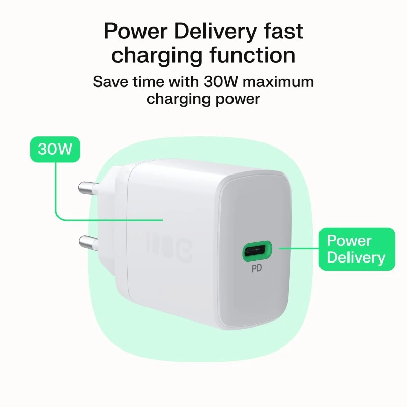 Maitinimo adapteris Green Cell PowerSource Solo30 30 W baltas — USB-C įkroviklis, 30 W išvestis