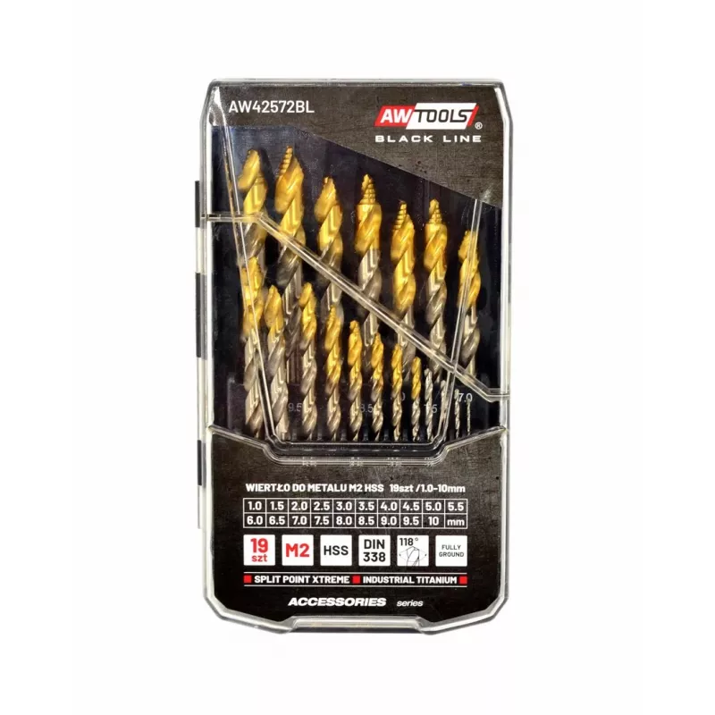 Grąžtų rinkinys AWTools M2 HSS-TiN 19 vnt. 1,5–10 mm metalui