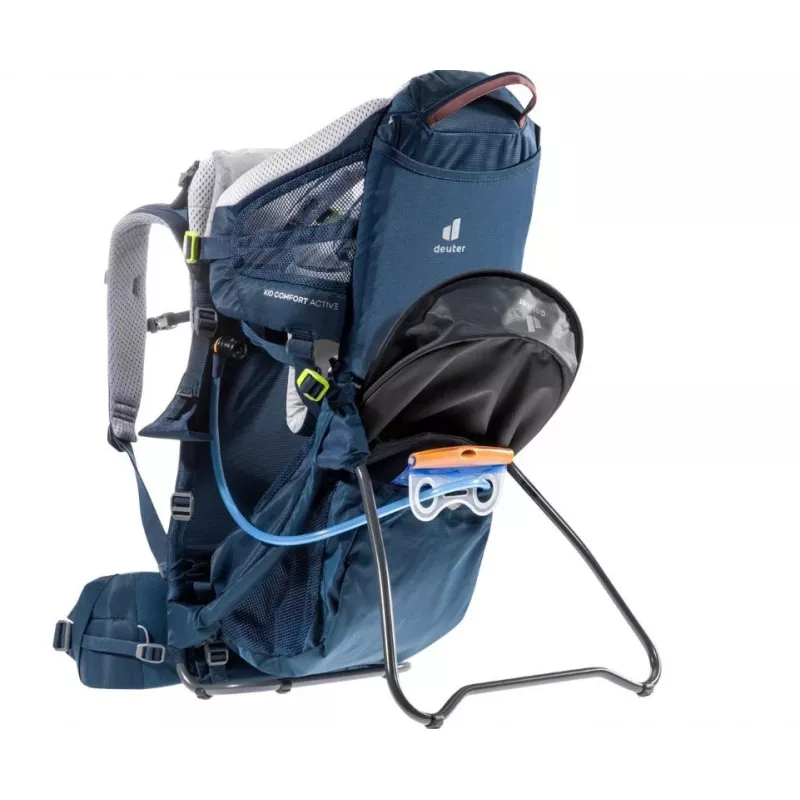 Vaikiška nešynė kuprinė DEUTER Kid Comfort Active — mėlyna, poliamidas, iki 22 kg, skėtis nuo saulės, kojų atrama, VariQuick, Lite Air
