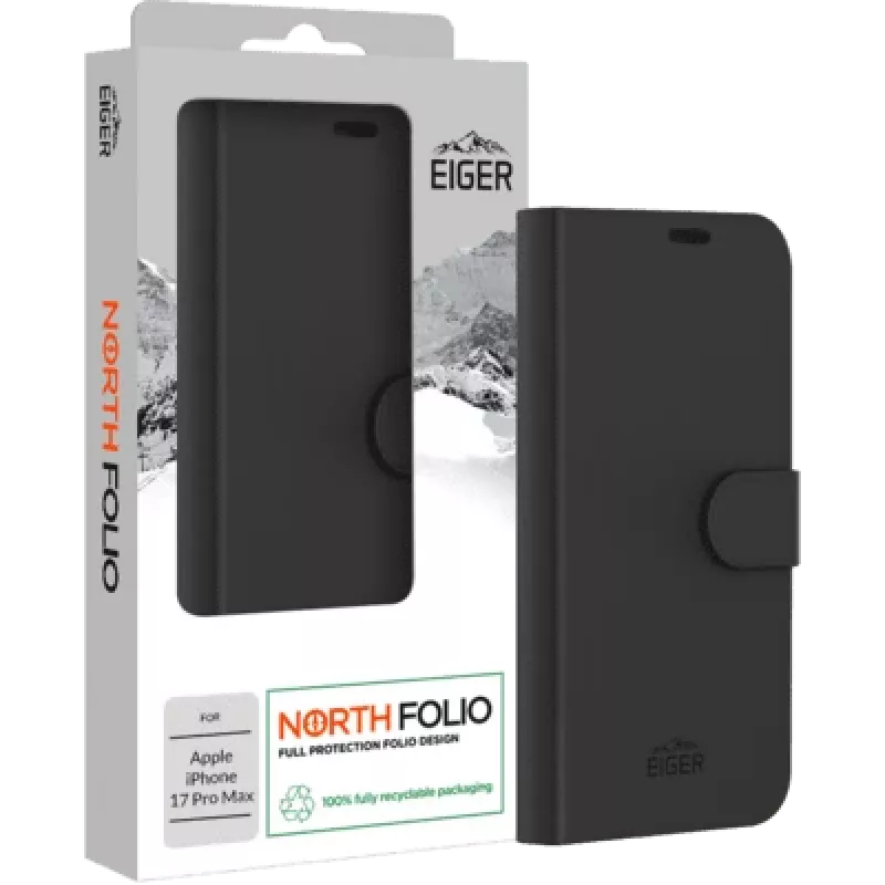 Folio tipo stovas-dėklas Eiger EGCA00935, skirtas Apple iPhone 17 Pro Max — magnetinis, juodas