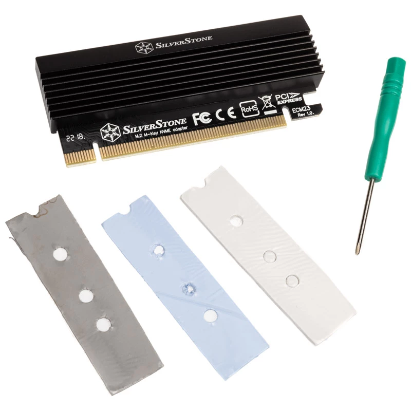 M.2 PCIe x4 adapteris su aušintuvu SidabrinėSTONE SST-ECM23 — M.2 NVMe į PCIe x4 (su aktyviu aušinimu)