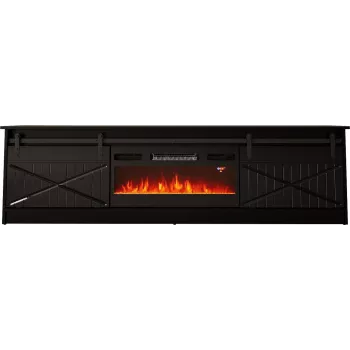 TV staliukas su židiniu Cama Meble GRANERO modelis — 200 x 56,7 x 35 cm, juoda/juoda blizgi, 2 durys, 2 lentynos, stumdomos durys, MDF/medžio drožlių plokštė