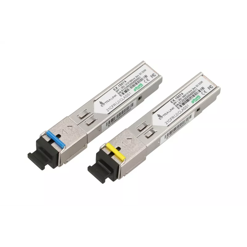 „Extralink SFP 1.25G WDM“ modulių pora 1310/1550 nm vienmodis 3 km SC DOM, skirta HP/Aruba