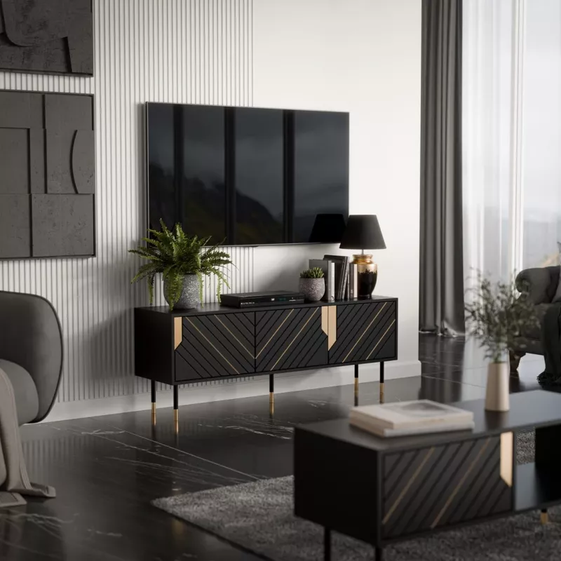 TV spintelė Cama Meble MOUNTAIN 154x40x55 cm — medžio drožlių plokštės viršus, juoda ir auksinė